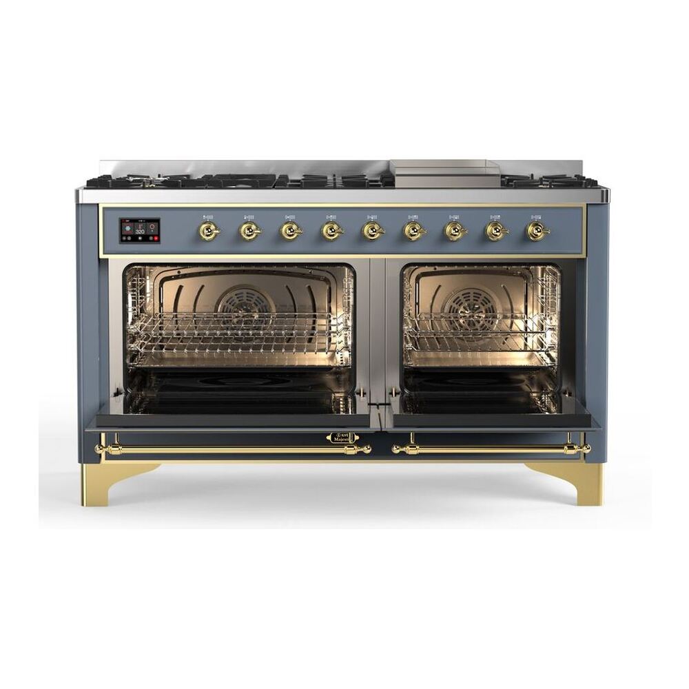 ILVE Majestic II 60 inch Triple Glass Door Natural Gas Dual Fuel Range Brass Blue Grey