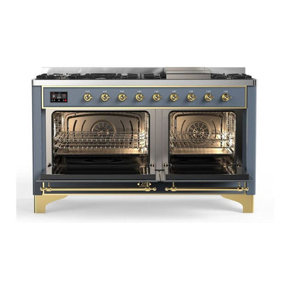 ILVE Majestic II 60 inch Triple Glass Door Natural Gas Dual Fuel Range Brass Blue Grey