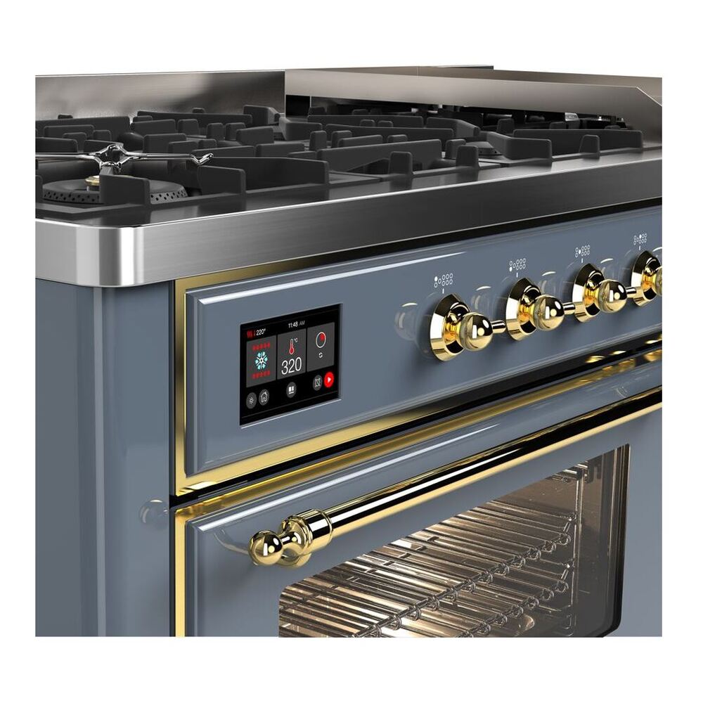 ILVE Majestic II 60 inch Triple Glass Door Natural Gas Dual Fuel Range Brass Blue Grey