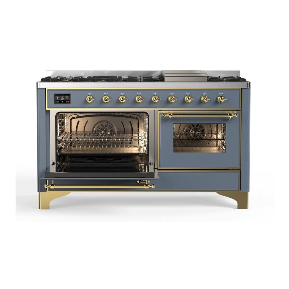 ILVE Majestic II 60 inch Triple Glass Door Natural Gas Dual Fuel Range Brass Blue Grey