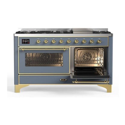 ILVE Majestic II 60 inch Triple Glass Door Natural Gas Dual Fuel Range Brass Blue Grey