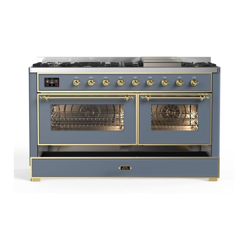 ILVE Majestic II 60 inch Triple Glass Door Natural Gas Dual Fuel Range Brass Blue Grey