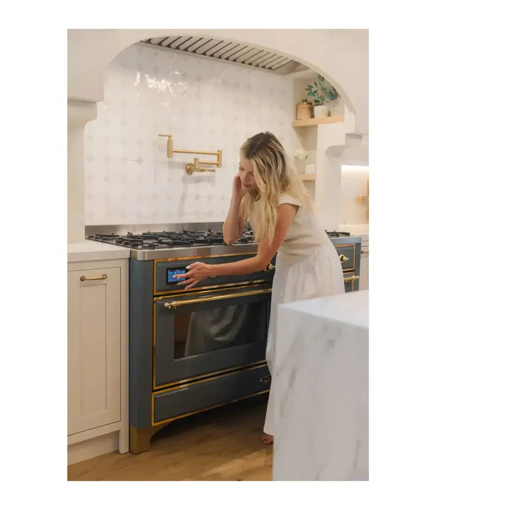 ILVE Majestic II 60 inch Triple Glass Door Natural Gas Dual Fuel Range Brass Blue Grey