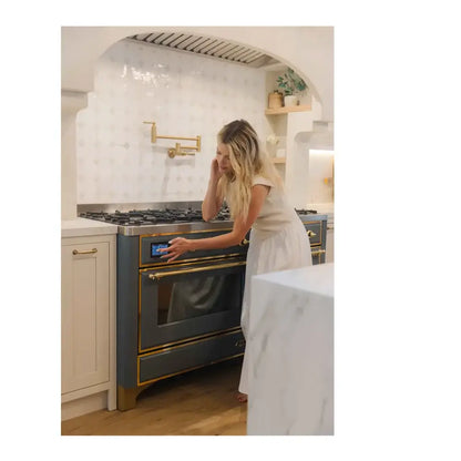 ILVE Majestic II 60 inch Triple Glass Door Natural Gas Dual Fuel Range Brass Blue Grey