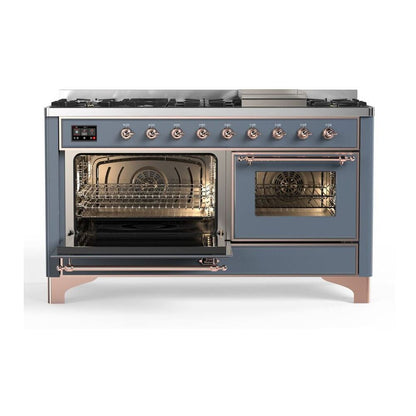 ILVE Majestic II 60 inch Triple Glass Door Natural Gas Dual Fuel Range Copper Blue Grey