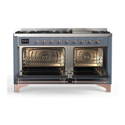 ILVE Majestic II 60 inch Triple Glass Door Natural Gas Dual Fuel Range Copper Blue Grey