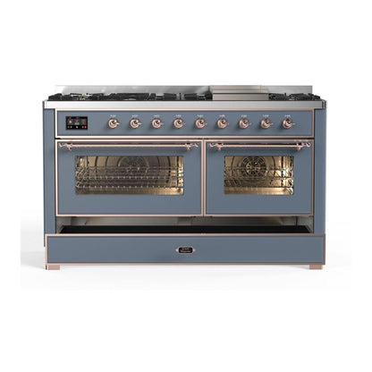 ILVE Majestic II 60 inch Triple Glass Door Natural Gas Dual Fuel Range Copper Blue Grey