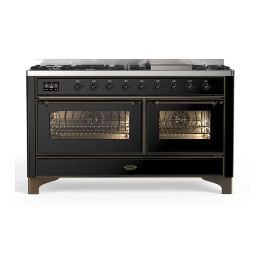 ILVE Majestic II 60" Glossy Black Dual Fuel Range with 9 Burners and Griddle Triple Glass Door Liquid Propane