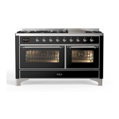 ILVE Majestic II 60 inch Triple Glass Door Natural Gas Dual Fuel Range Chrome Glossy Black
