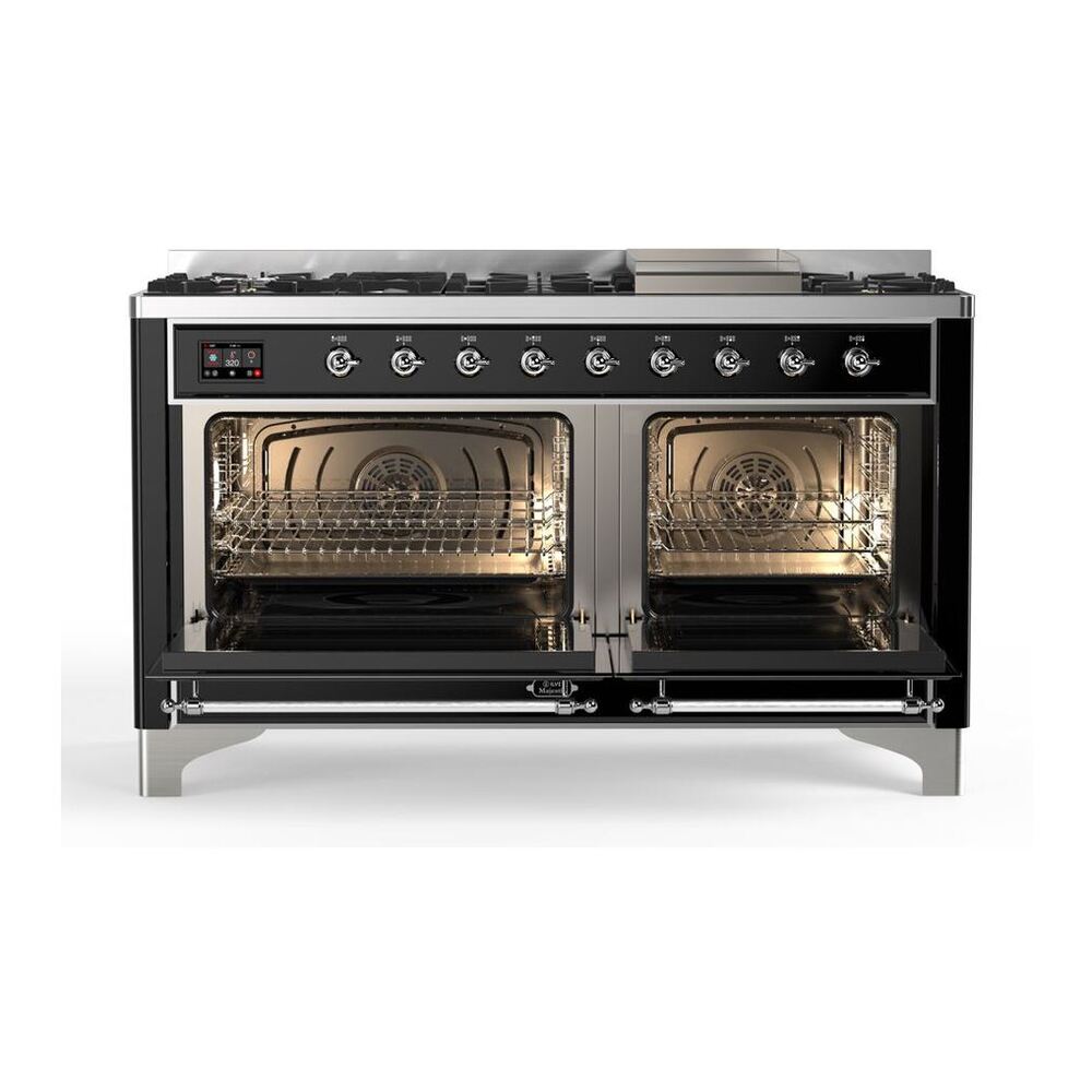 ILVE Majestic II 60 inch Triple Glass Door Natural Gas Dual Fuel Range Chrome Glossy Black