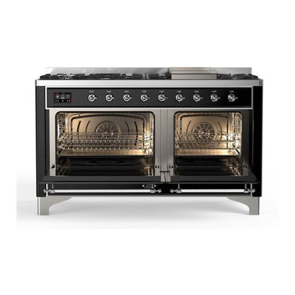 ILVE Majestic II 60 inch Triple Glass Door Natural Gas Dual Fuel Range Chrome Glossy Black