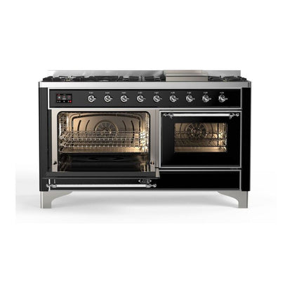 ILVE Majestic II 60 inch Triple Glass Door Natural Gas Dual Fuel Range Chrome Glossy Black
