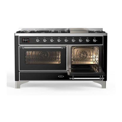 ILVE Majestic II 60 inch Triple Glass Door Natural Gas Dual Fuel Range Chrome Glossy Black