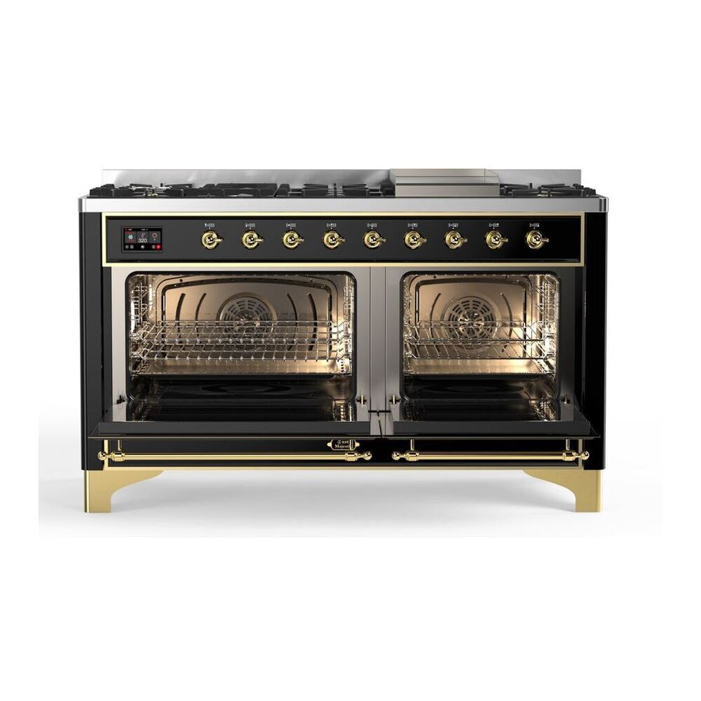 ILVE Majestic II 60 inch Triple Glass Door Natural Gas Dual Fuel Range Brass Glossy Black