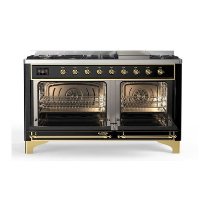 ILVE Majestic II 60 inch Triple Glass Door Natural Gas Dual Fuel Range Brass Glossy Black