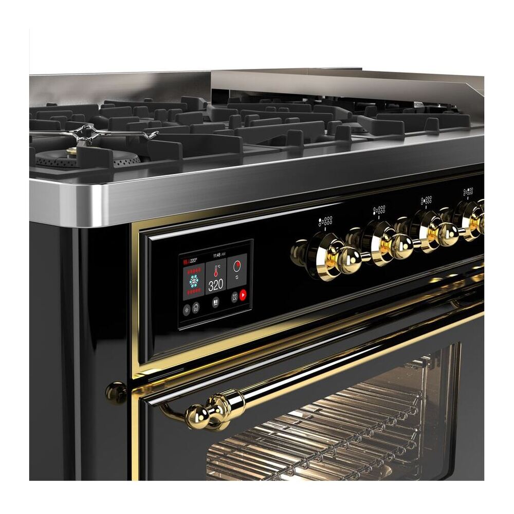 ILVE Majestic II 60 inch Triple Glass Door Natural Gas Dual Fuel Range Brass Glossy Black