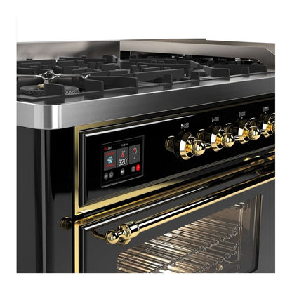 ILVE Majestic II 60 inch Triple Glass Door Natural Gas Dual Fuel Range Brass Glossy Black