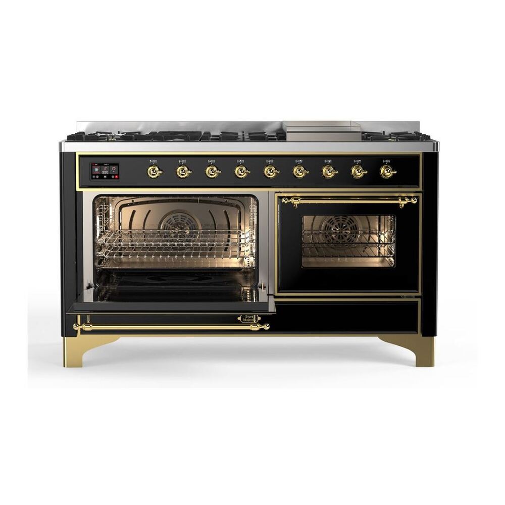 ILVE Majestic II 60 inch Triple Glass Door Natural Gas Dual Fuel Range Brass Glossy Black