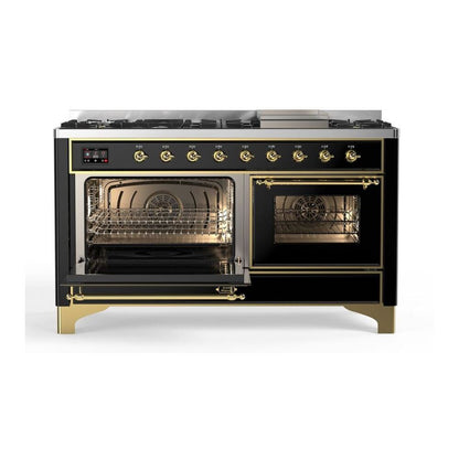 ILVE Majestic II 60 inch Triple Glass Door Natural Gas Dual Fuel Range Brass Glossy Black