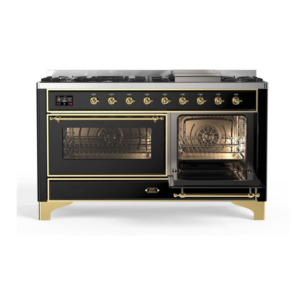 ILVE Majestic II 60 inch Triple Glass Door Natural Gas Dual Fuel Range Brass Glossy Black