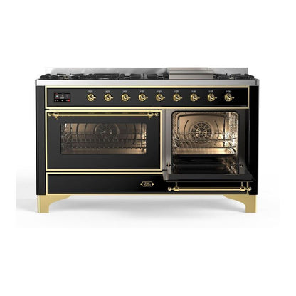ILVE Majestic II 60 inch Triple Glass Door Natural Gas Dual Fuel Range Brass Glossy Black
