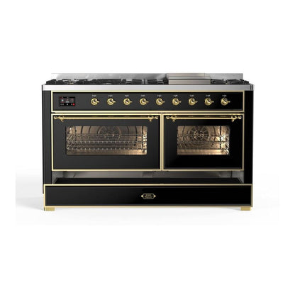 ILVE Majestic II 60 inch Triple Glass Door Natural Gas Dual Fuel Range Brass Glossy Black