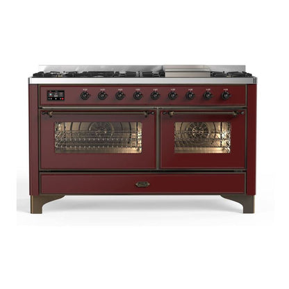 ILVE Majestic II 60 inch Triple Glass Door Natural Gas Dual Fuel Range Burnished Burgundy