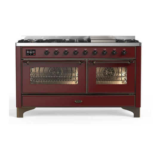 ILVE Majestic II 60" Burgundy Dual Fuel Range with 9 Burners and Griddle Triple Glass Door Natural Gas