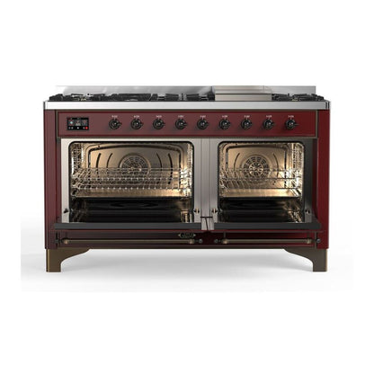 ILVE Majestic II 60 inch Triple Glass Door Natural Gas Dual Fuel Range Burnished Burgundy