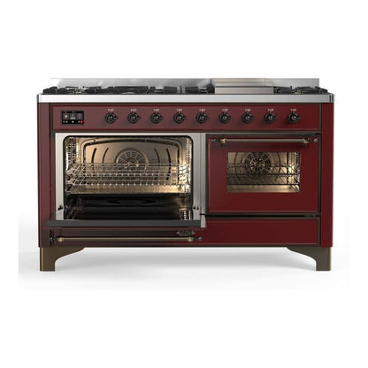 ILVE Majestic II 60 inch Triple Glass Door Natural Gas Dual Fuel Range Burnished Burgundy