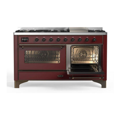 ILVE Majestic II 60 inch Triple Glass Door Natural Gas Dual Fuel Range Burnished Burgundy