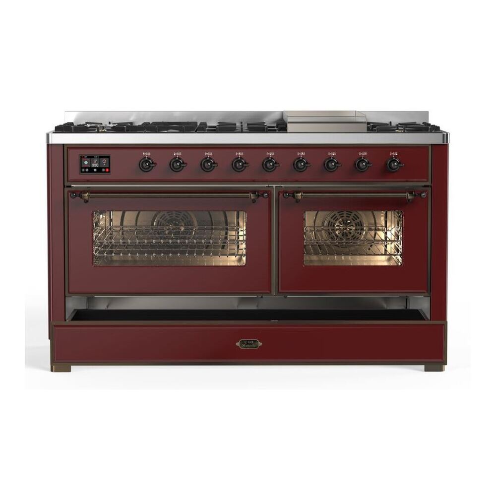 ILVE Majestic II 60 inch Triple Glass Door Natural Gas Dual Fuel Range Burnished Burgundy