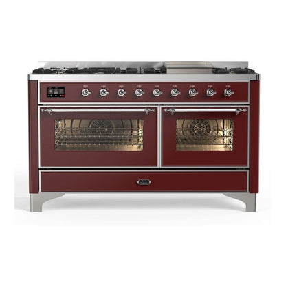 ILVE Majestic II 60 inch Triple Glass Door Natural Gas Dual Fuel Range Chrome Burgundy