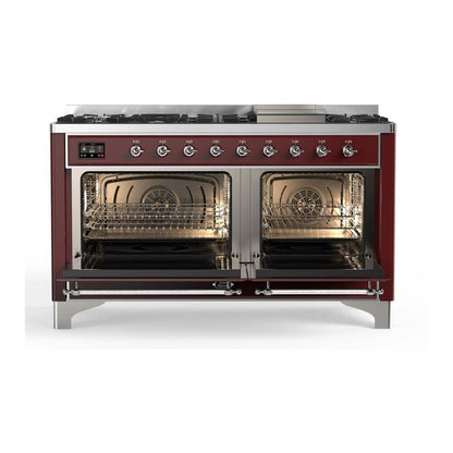 ILVE Majestic II 60 inch Triple Glass Door Natural Gas Dual Fuel Range Chrome Burgundy