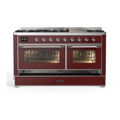 ILVE Majestic II 60 inch Triple Glass Door Natural Gas Dual Fuel Range Chrome Burgundy