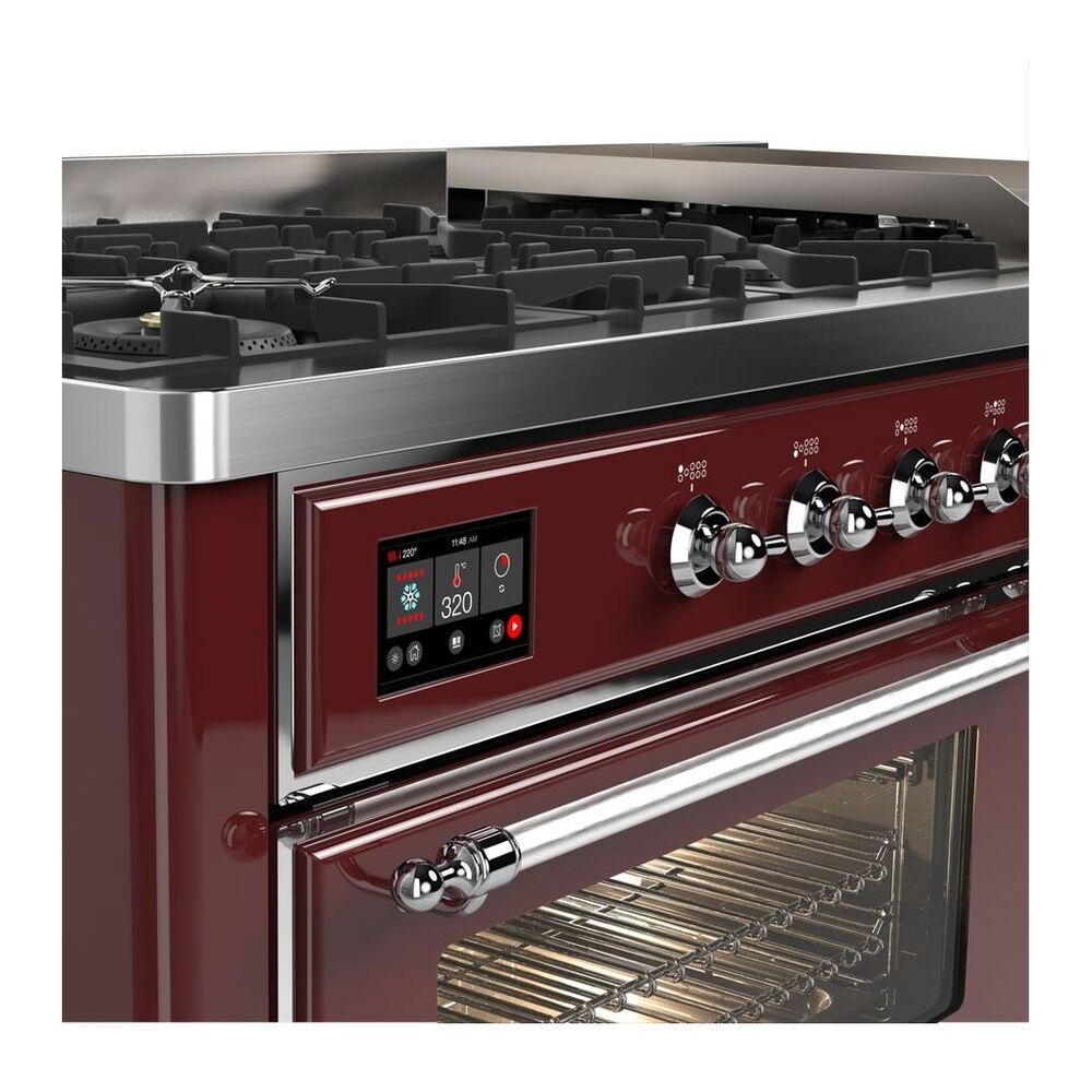 ILVE Majestic II 60 inch Triple Glass Door Natural Gas Dual Fuel Range Chrome Burgundy