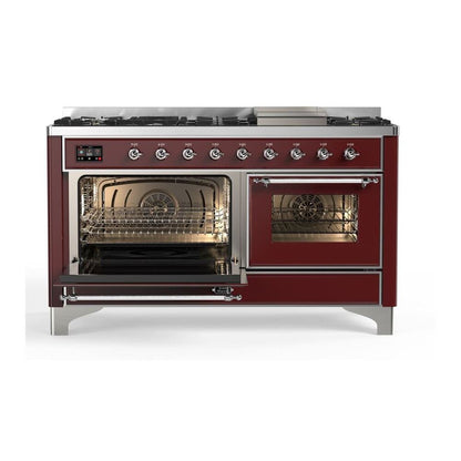 ILVE Majestic II 60 inch Triple Glass Door Natural Gas Dual Fuel Range Chrome Burgundy