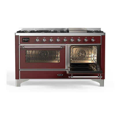 ILVE Majestic II 60 inch Triple Glass Door Natural Gas Dual Fuel Range Chrome Burgundy