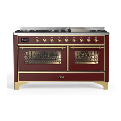 ILVE Majestic II 60 inch Triple Glass Door Natural Gas Dual Fuel Range Brass Burgundy