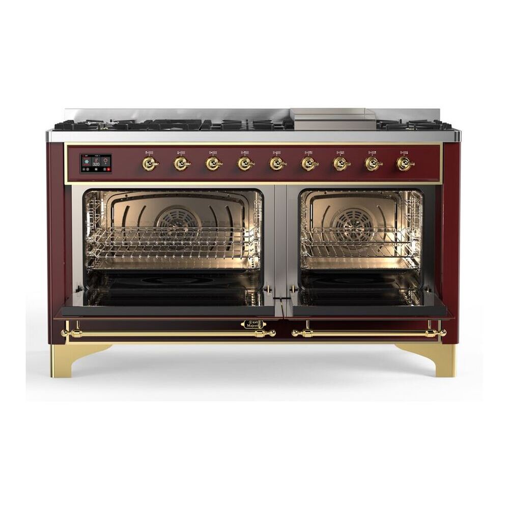 ILVE Majestic II 60 inch Triple Glass Door Natural Gas Dual Fuel Range Brass Burgundy