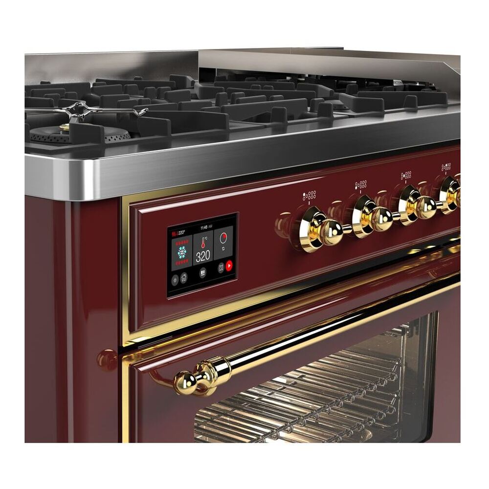 ILVE Majestic II 60 inch Triple Glass Door Natural Gas Dual Fuel Range Brass Burgundy