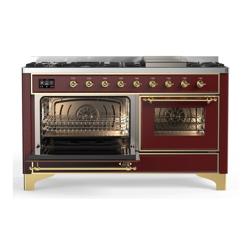 ILVE Majestic II 60 inch Triple Glass Door Natural Gas Dual Fuel Range Brass Burgundy