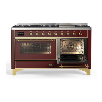 ILVE Majestic II 60 inch Triple Glass Door Natural Gas Dual Fuel Range Brass Burgundy