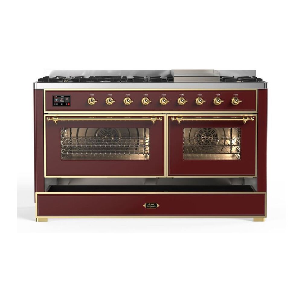 ILVE Majestic II 60 inch Triple Glass Door Natural Gas Dual Fuel Range Brass Burgundy