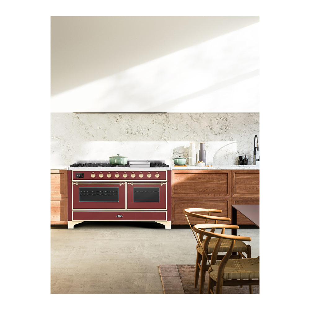 ILVE Majestic II 60 inch Triple Glass Door Natural Gas Dual Fuel Range Brass Burgundy