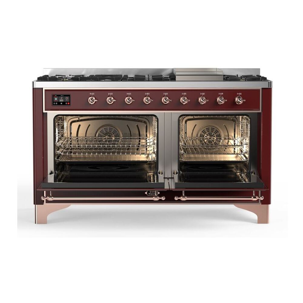 ILVE Majestic II 60 inch Triple Glass Door Natural Gas Dual Fuel Range Copper Burgundy