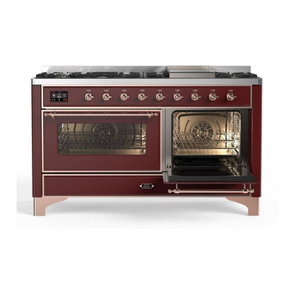 ILVE Majestic II 60 inch Triple Glass Door Natural Gas Dual Fuel Range Copper Burgundy