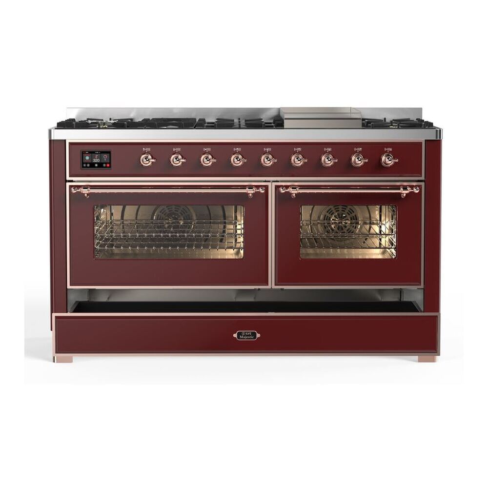 ILVE Majestic II 60 inch Triple Glass Door Natural Gas Dual Fuel Range Copper Burgundy