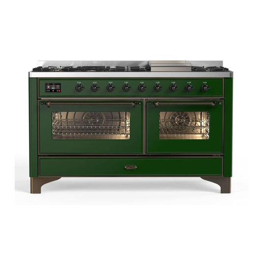 ILVE Majestic II 60" Emerald Green Dual Fuel Range with 9 Burners and Griddle Triple Glass Door Natural Gas