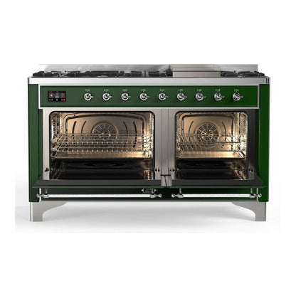 ILVE Majestic II 60 inch Triple Glass Door Natural Gas Dual Fuel Range Chrome Emerald Green